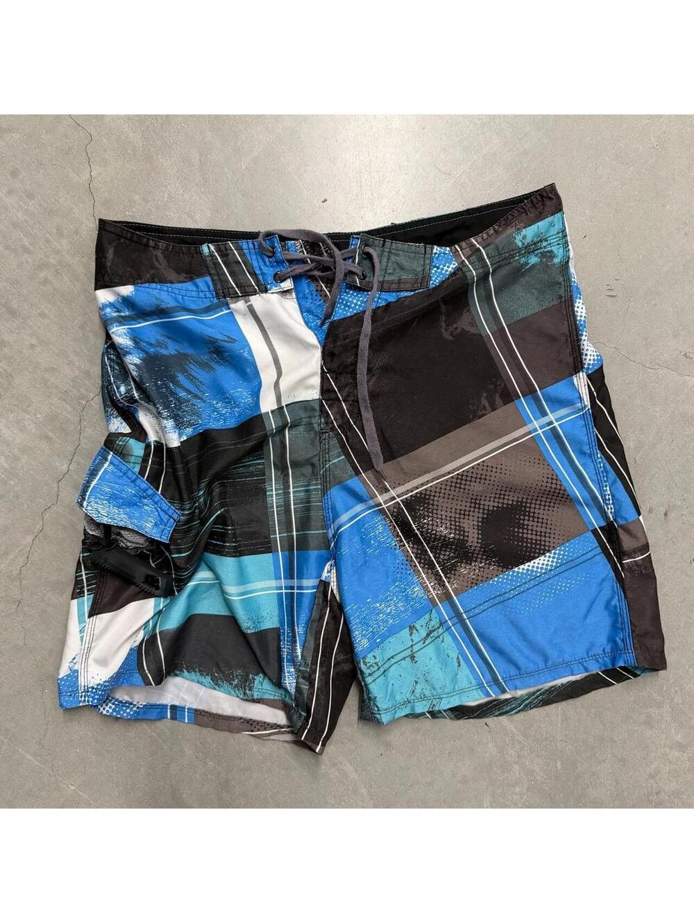 Burnside Mens 32 Board Shorts Blue Black Plaid Swim Trunks W/ Bottle Opener